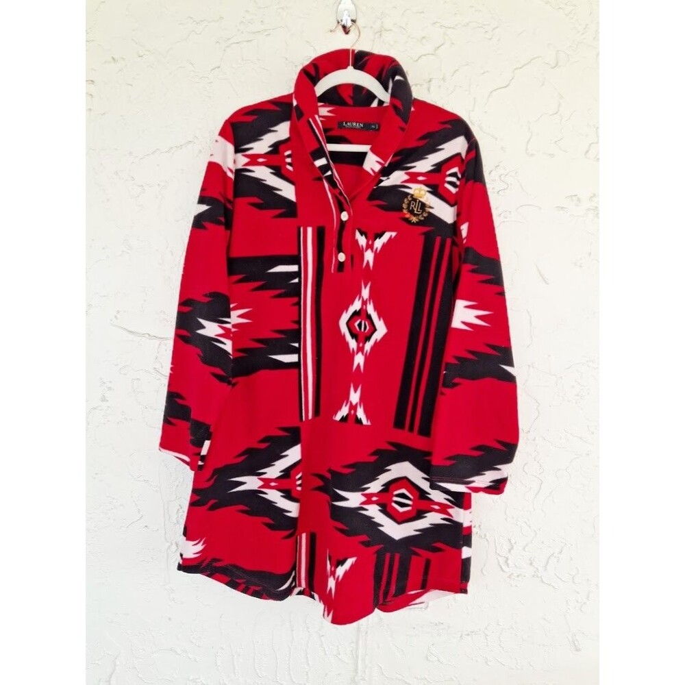 Lauren Ralph Lauren Fleece Sleepshirt Red Black Geometric Nightgown XL 8101332